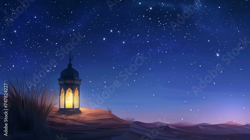 The night sky is full of stars. A lantern is sitting on a sand dune in the desert. The light from the lantern is casting shadows on the sand.