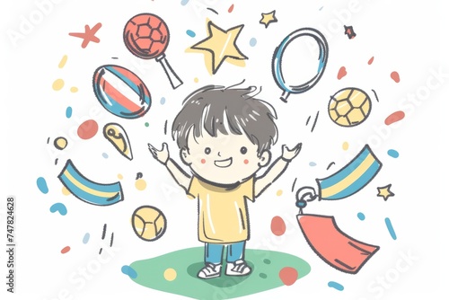 Cartoon cute doodles of a kid daydreaming about becoming a professional athlete and winning Olympic gold medals, Generative AI