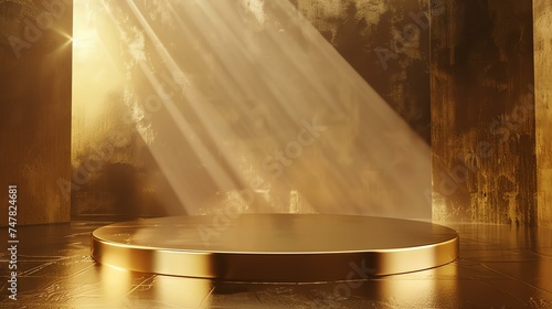 3D rendering of a golden podium with a spotlight. The podium is made of a reflective material and is lit by a single spotlight.