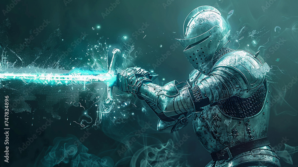 Surreal image of a knight in futuristic armor drawing Excalibur from a digital stone, symbolizing a new era of heroism Surreal image of a knight in futuristic armor drawing Excalibur from a digital stone, symbolizing a new era of heroism