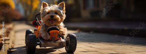 cute dog driving small retro car. Created with Generative AI.