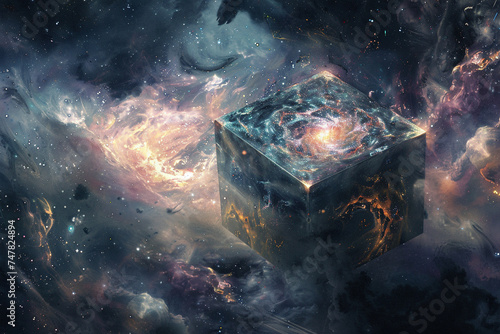 Surreal image of a box floating in space, filled with swirling matter, representing the containment of the universes mysteries