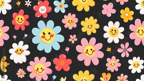 Cute funny kawaii smile face flowers, seamless pattern, on black background