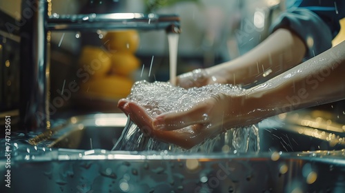 A close-up view of a woman's hands cleaning dishes or kitchen utensils with liquid soap conveys the idea of domestic chores and daily housekeeping.