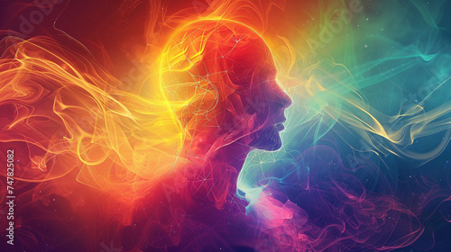Vibrant illustration of a human enveloped in a phase shift aura, colors and forms swirling in a display of change