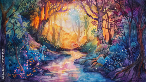 Watercolor depiction of a magical forest, where whimsical beings exchange presents by a glowing river photo