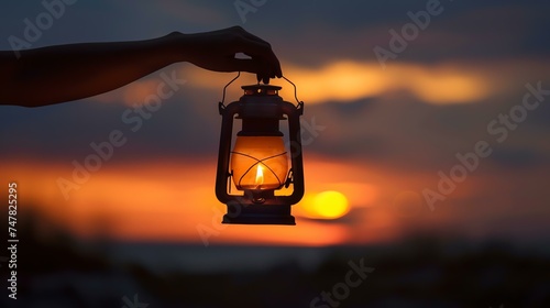 A hand holding a lantern at sunset. The lantern is casting a warm glow on the hand and the face of the person holding it.