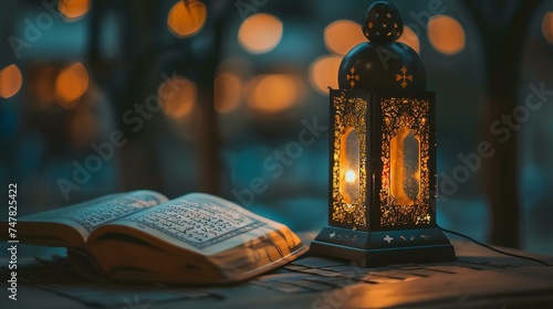 The image is a beautiful depiction of a lantern and a book. The lantern is made of metal and has intricate designs on it.