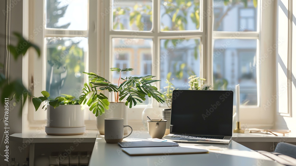 A home office with a large window, plants, and a laptop on a desk. The window is letting in bright sunlight.