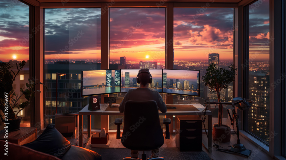 Young Professional in Innovative Remote Workspace: Modern Desk, Dual Monitors, Video Call, City Sunset View, Professional at a glass-topped desk with dual monitors on a video call, urban apartment.
 - obrazy, fototapety, plakaty 