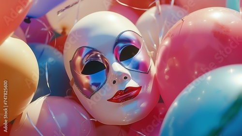 A beautiful white mask with silver and pink details is resting on a bed of colorful balloons.