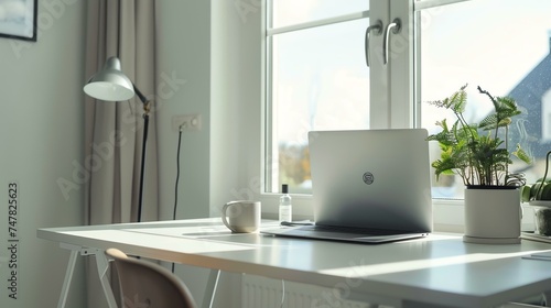   Image Description     A desk with a laptop  a coffee mug  a lamp  and a plant on it. The desk is placed in front of a window.