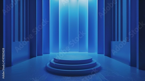 Blue podium in blue room. Abstract minimal geometric background. 3D rendering.