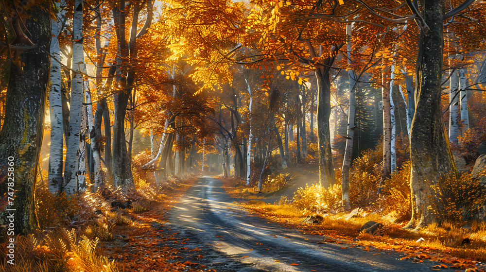 Autumns Enchantment in a Sunlit Forest, Golden Path Through Vibrant Trees, Seasonal Beauty with Bright Foliage, Serene Walkway in Natures Warm Embrace, Tranquil Outdoor Scenery with Sunbeams