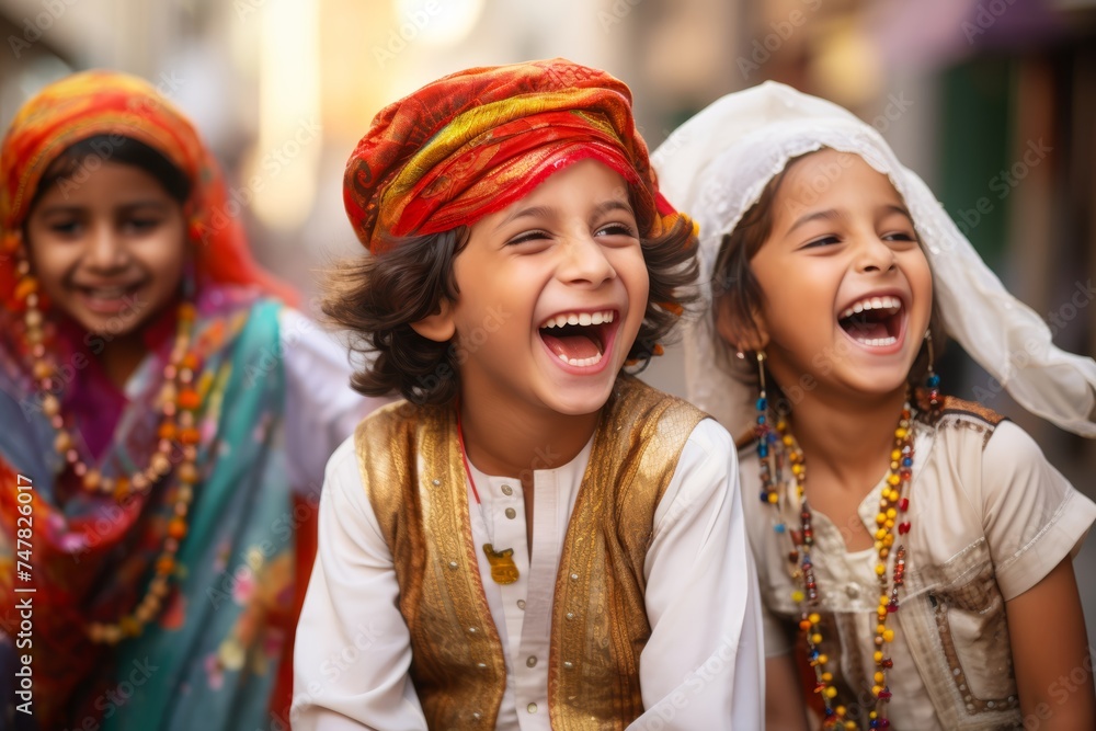 Cute Children in traditional attire laughing and playing together during Eid al-Fitr festivities in the vibrant streets of their community
Cute Children in traditional attire laughing and playing together during Eid al-Fitr festivities in the vibrant streets of their community