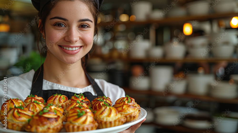 Female waiter holding a plate of appetizers in a restaurant hall Female waiter holding a plate of appetizers in a restaurant hall