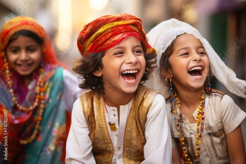 
Cute Children in traditional attire laughing and playing together during Eid al-Fitr festivities in the vibrant streets of their community photo