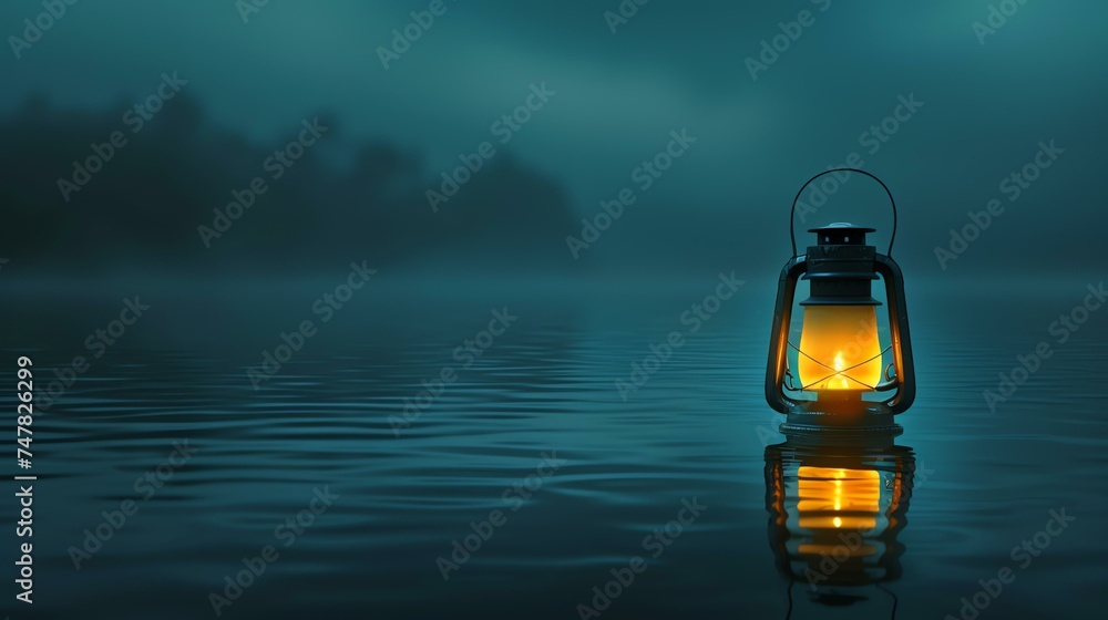 A lantern sits on a still lake, casting a warm glow on the water.
