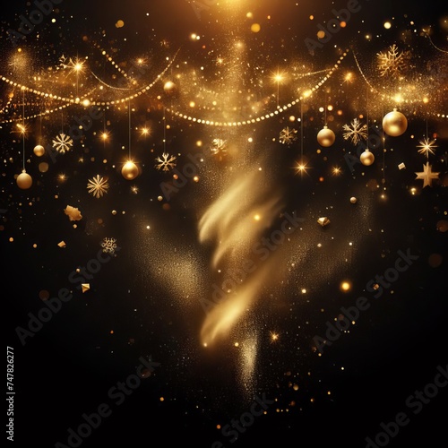 Captivating shine accompanies the golden scattered dust powder falling from above on a black background, setting a festive tone for Christmas. Vector illustration