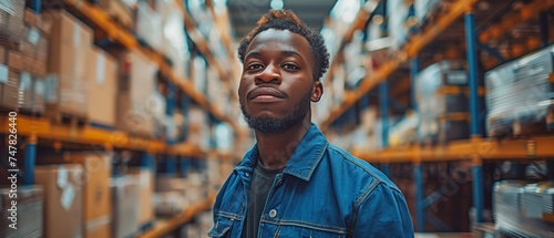 African American worker in an industrial logistics warehouse, working safely