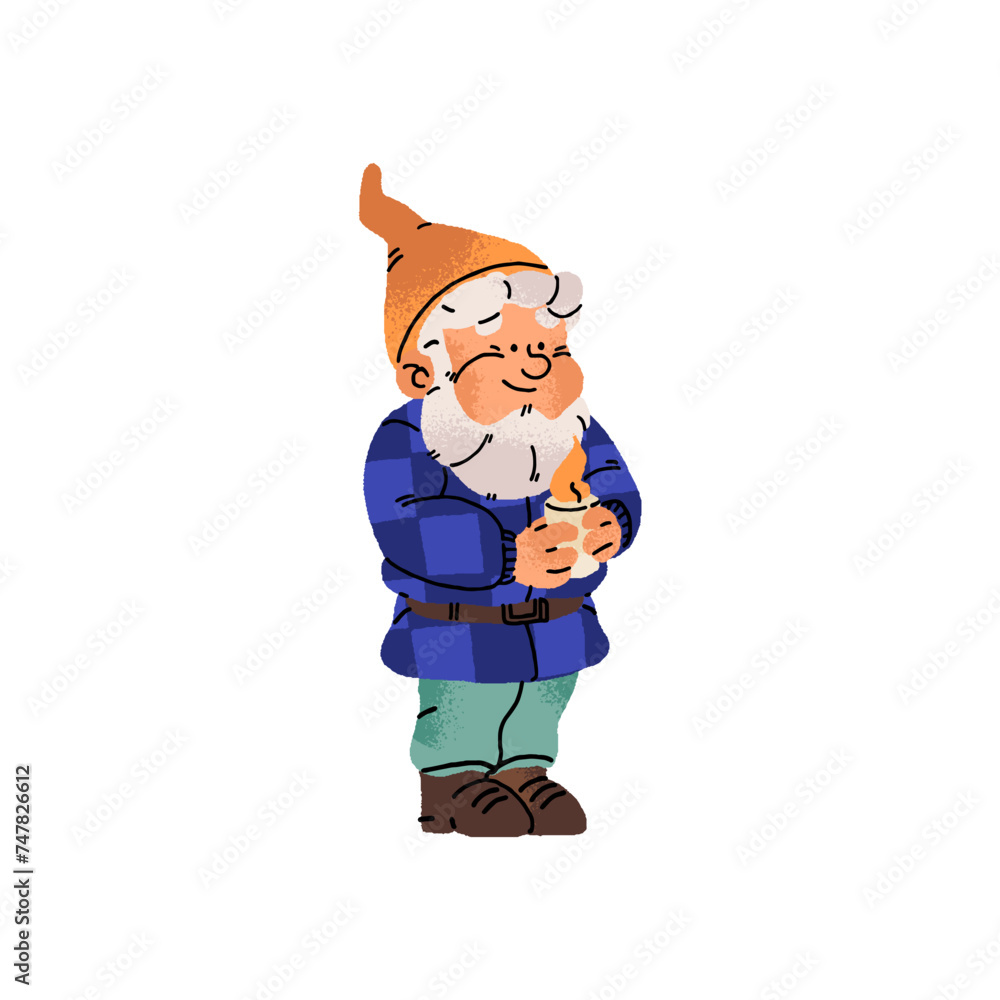 Naklejka premium Adorable bearded dwarf stands, holds candle. Happy garden gnome with candlelight in hands. Old fairytale gardener in cap looks at fire, flame. Flat isolated vector illustration on white background
