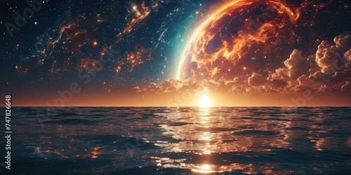 Beautiful sky appears between the sunset and the cosmic universe. Sea reflection. Desktop Wallpaper