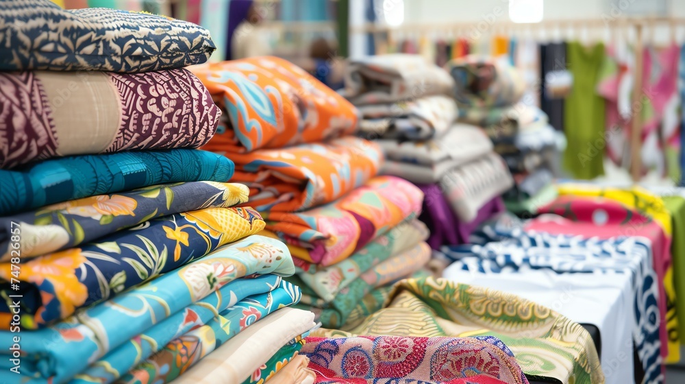 A variety of colorful fabrics are folded and stacked on a table at a market.