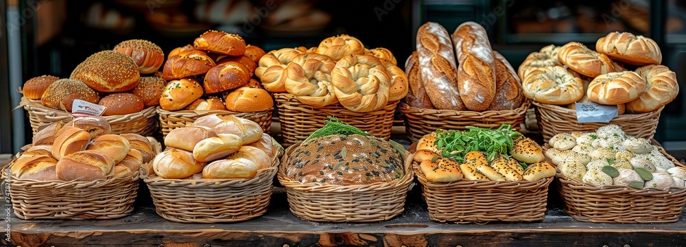 Various varieties of freshly baked bread available at a table in an outdoor market