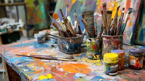 An artist's workspace with paintbrushes, a palette, and paint. The table is covered in paint and there is a colorful painting in the background.