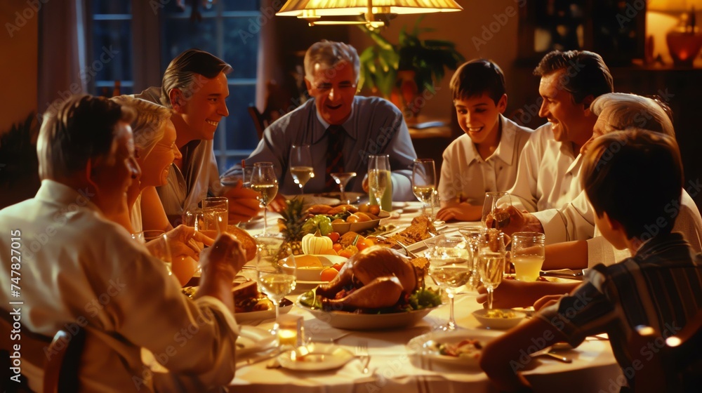 A happy family gathered around the dinner table, enjoying a Thanksgiving meal.