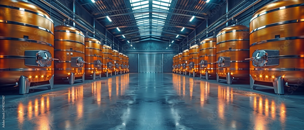 The contemporary winery has large tanks for fermentation.