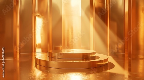 3D rendering of a golden podium with a spotlight. The podium is made of a reflective material and is surrounded by a golden background.