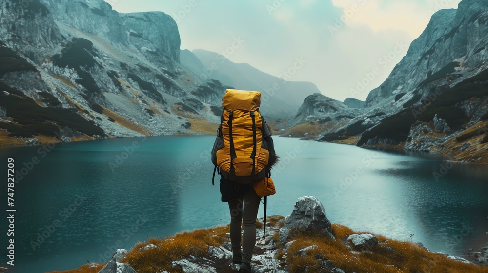 Young woman with yellow backpack standing on the rocky shore of a mountain lake and looking at the beautiful view of the mountains and crystal clear w - obrazy, fototapety, plakaty 