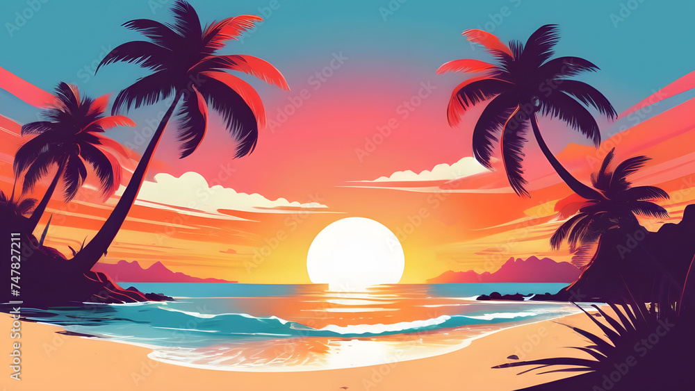 Beautiful beach landscape. Background with a sandy beach on the ocean with silhouettes of palm trees at sunset or sunrise and stunning clouds