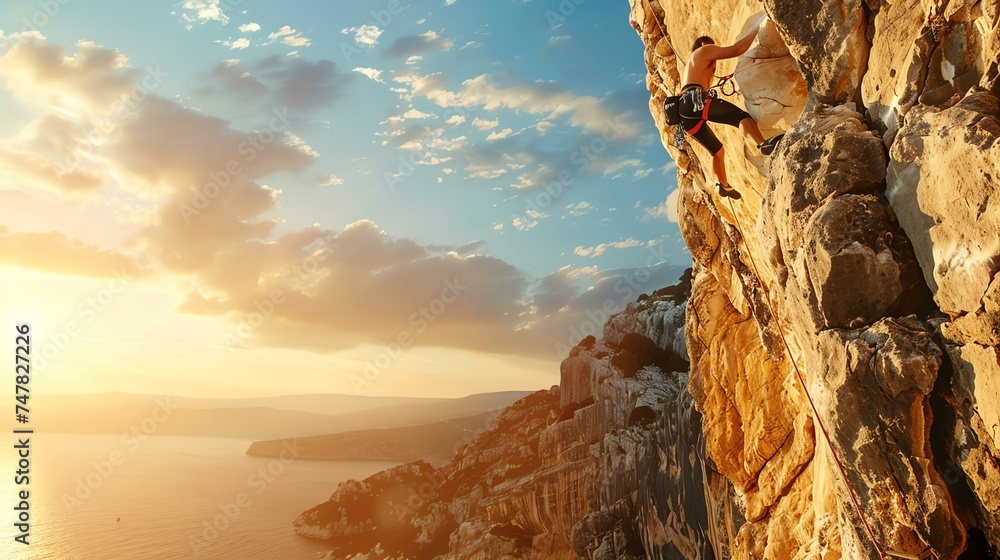 A rock climber scales a sheer cliff face, the sun setting over the ocean behind him. - obrazy, fototapety, plakaty 