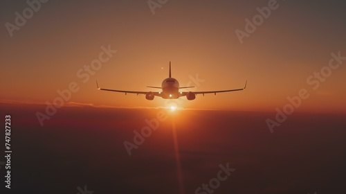 A plane flies through the sky at sunset. The plane is backlit by the sun, making it appear dark in color.