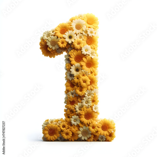 Number 1 is made of real natural Yellow flowers, Isolated on a white background, flower font concept, Creative Numbers