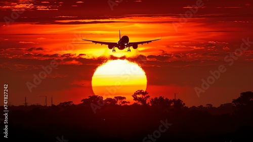 A plane is landing in front of a setting sun. The sky is a bright orange and the plane is black. The plane is silhouetted against the sun.