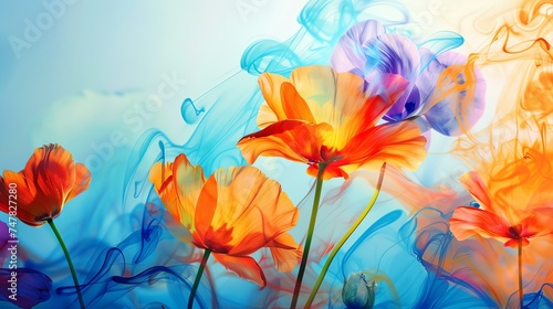 vibrant floral arrangement of orange and purple flowers set against a backdrop of swirling blue and purple smoke