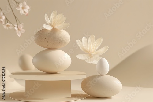 stacked flying geometric shapes, easter eggs and spring flowers, modern balancing, neutral colors trendy Easter card