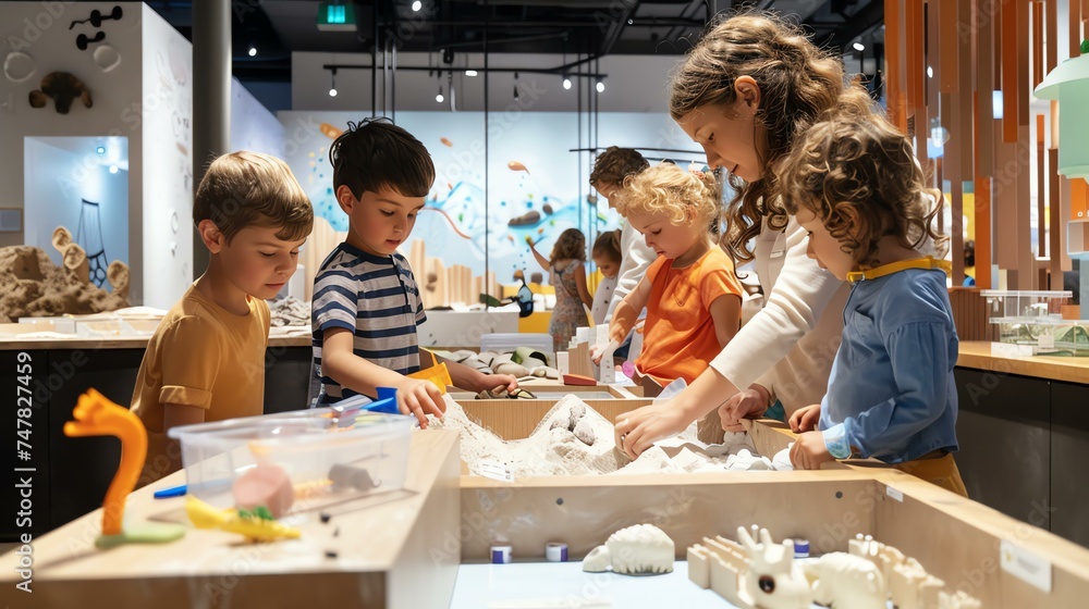 Obraz premium A group of children are playing with sand and dinosaur toys in a museum. They are all having a lot of fun and learning about dinosaurs.