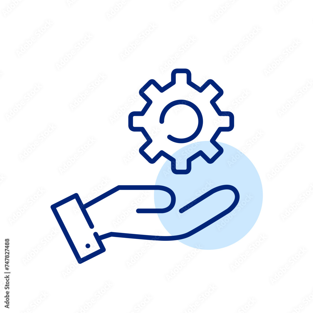 Hand holding a cogwheel. Manual control and precision. Hands-on customization and adjustment pixel perfect vector icon Hand holding a cogwheel. Manual control and precision. Hands-on customization and adjustment pixel perfect vector icon