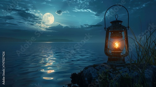 lantern by the lake at night, with a full moon in the background. © Nijat