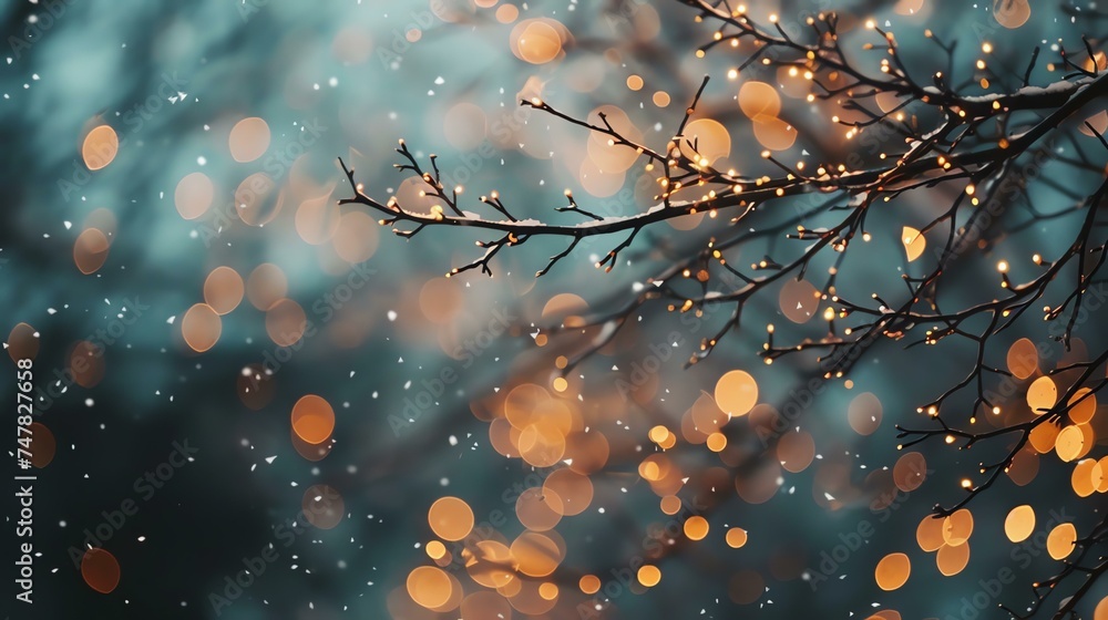 Glowing lights on a tree branch with a blurred background of falling snow.