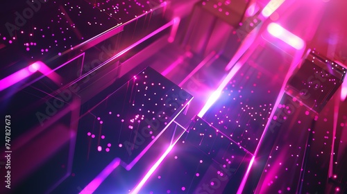 3D rendering of glowing purple geometric shapes with particles. Modern abstract background with bright neon elements.