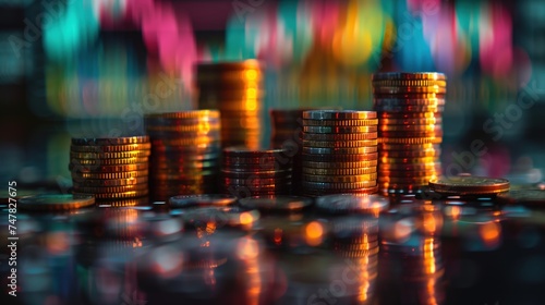 Row of piles of gold coins with stock charts, for finance and business concepts and growth.