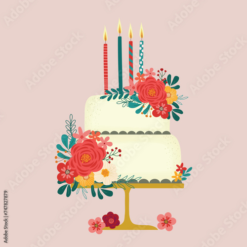 adorable wedding cake with flowers  hand drawn element clipart vector illustration for decorate invitation greeting birthday party celebration wedding card poster banner background