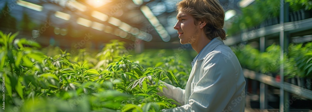 In a marijuana greenhouse, a scientist examines hemp plants. The idea of complementary and herbal medicine - obrazy, fototapety, plakaty 