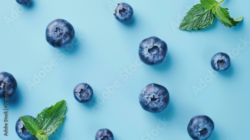 Fresh blueberries with green mint leaves on a blue background. Top view. Flat lay. photo