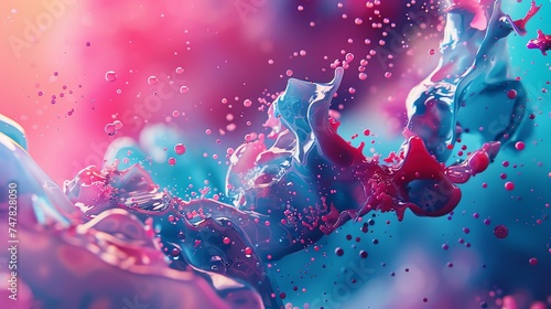 3D rendering of a colorful liquid. The liquid is pink and blue and has a smooth, glossy surface. The liquid is in motion.